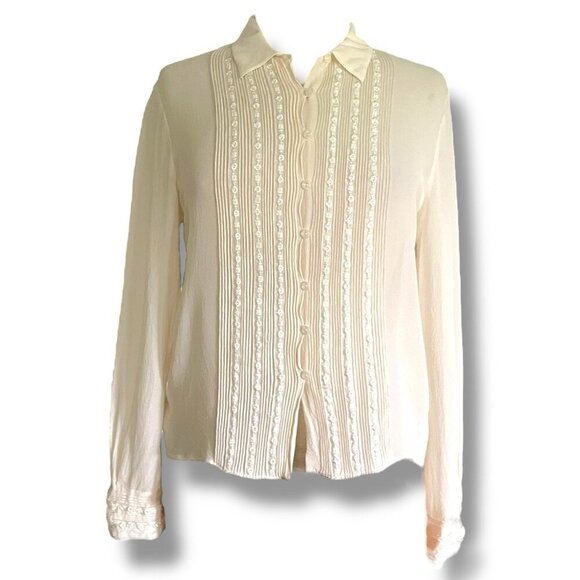 Vintage 90s Jones NY Wmmens Blouse Sz 6 Cream Silk Embroidered Minimalist Top - Picture 2 of 7